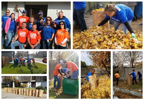Pioneer volunteers raking up leaves