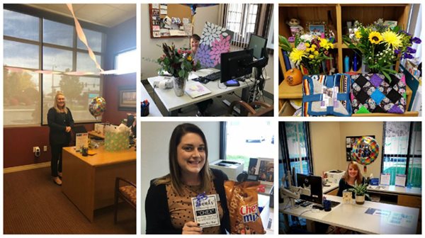 Pioneer employees with gifts they got for boss's day
