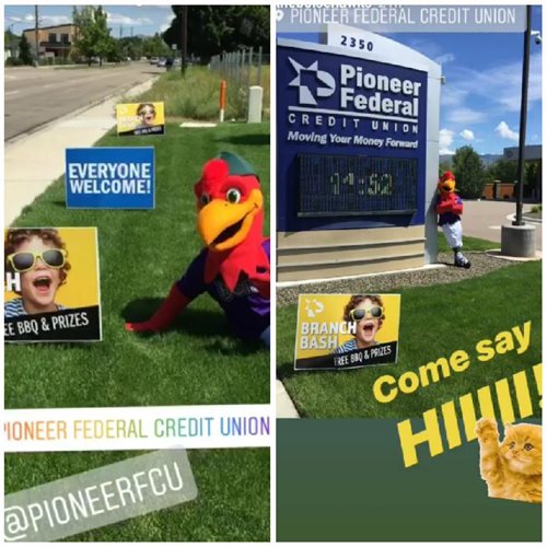 two pictures of the Boise Hawks mascot at the broadway branch bash