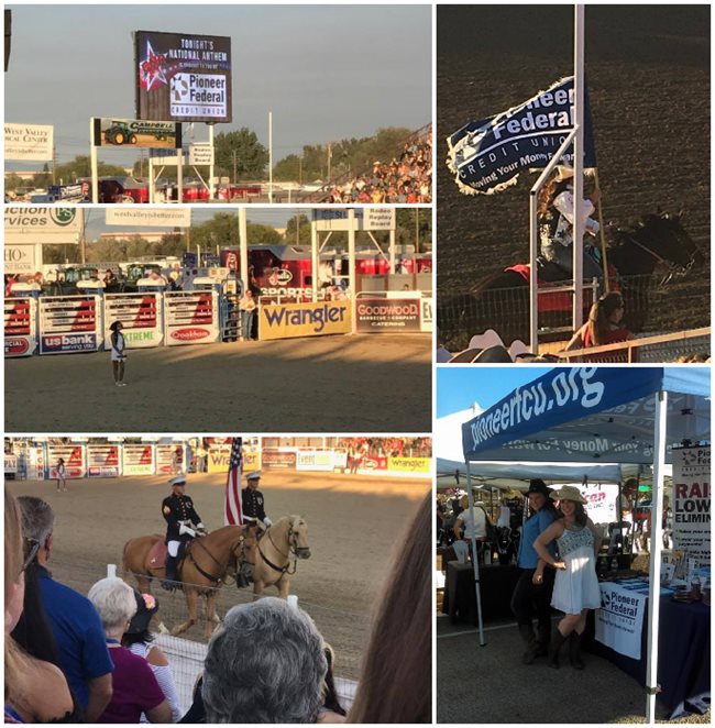 Multiple shots of the rodeo, including a person riding a horse with a Pioneer flag, and two soldiers in uniform with a US flag