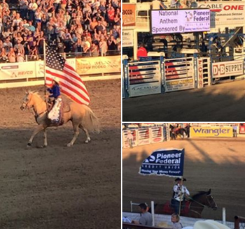 men riding a horse with american flag and Pioneer flag