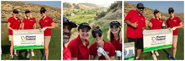 Four employees in red shirts at a golfing charity event