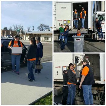 three photos of people shredding documents in a large truck