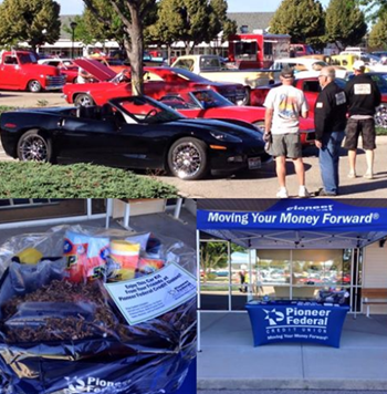 Collage: Black convertible car and Pioneer booth