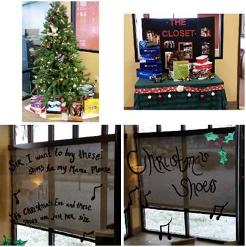 Christmas decorations including a tree and song lyrics written on a window