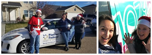 Pioneer employees, one dressed up as Santa, dropping off donations