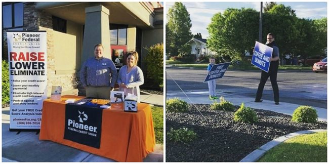 Pioneer employees offering coffee and donuts to members and also holding up signs advertising the event