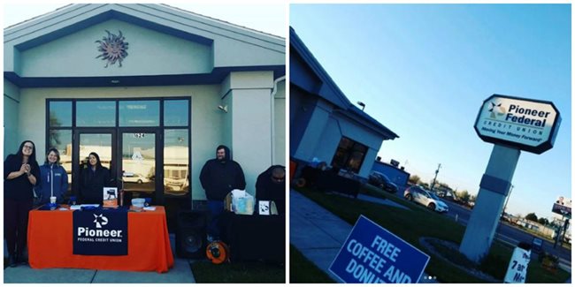 Pioneer employees hosting a free coffee and donuts event outside their branch
