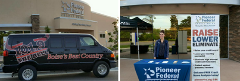 two pictures, one of a 101.9 FM radio van and the other of a Pioneer booth