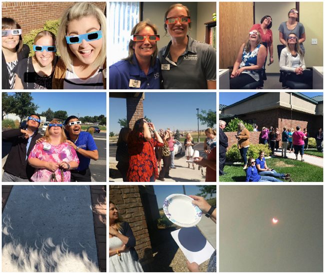 Pioneer employees wearing eclipse glasses on watching the Solar eclipse