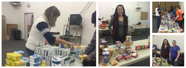 Volunteers putting together gift baskets at a food bank