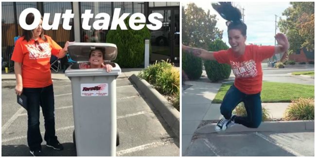 Two Pioneer volunteers acting silly while helping shred documents
