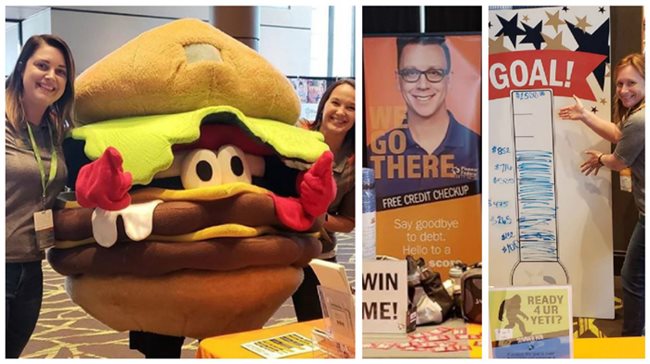 Pioneer employees helping raise money for FitOne and posing with a hamburger mascot