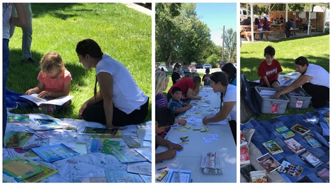 Adults and kids reading book and doing activities outside of a library