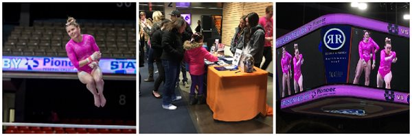 BSU gymnastics events, along with a shot of gymnast in the air