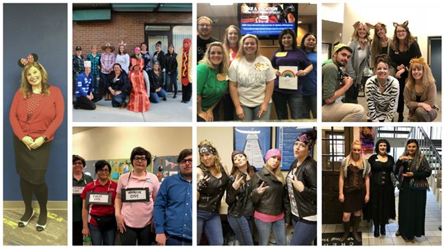 Pioneer employees all wearing Halloween costumes including Minnie Mouse, a biker gang, zoo animals and witches