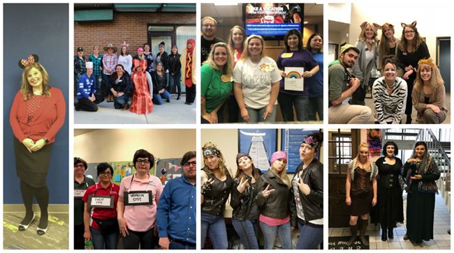 Pioneer employees all wearing Halloween costumes including Minnie Mouse, a biker gang, zoo animals and witches