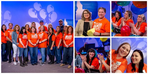 Pioneer volunteers in orange shirts at the Idaho Public Television studio