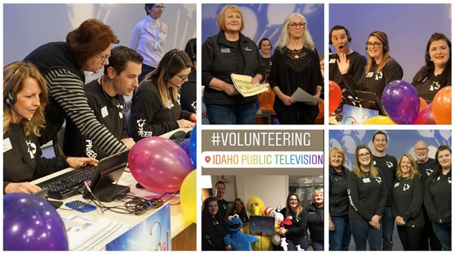 Pioneer volunteers in black shirts answering phone calls and taking pledges for Idaho Public Television