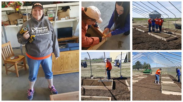 volunteers constructing, placing, and filling garden boxes in a field