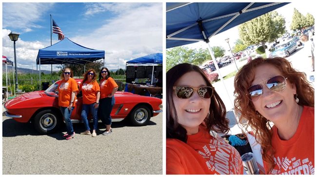 Pioneer employees posing in front of a hot rod car and in a booth