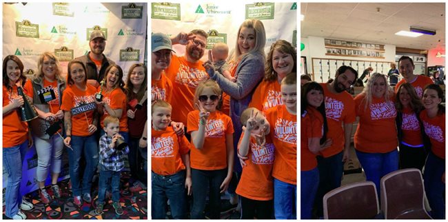 Pioneer volunteers in orange shirts after bowling for charity