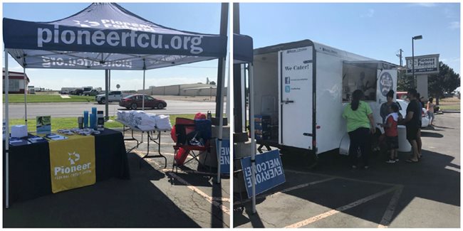 Pioneer Jermoe branch hosting a community party, with a food truck and booth