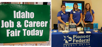three Pioneer employees behind a booth at a Job and Career Fair