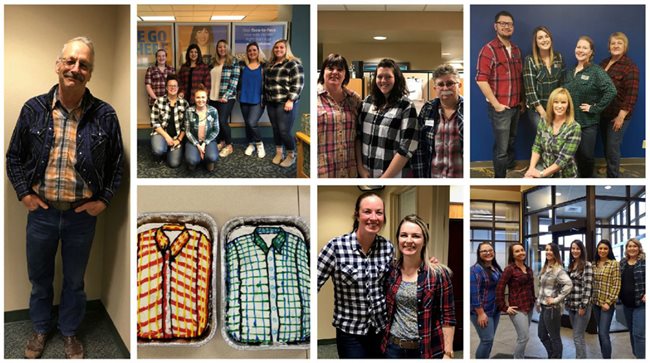 Several Pioneer employees dressed in flannel in honor of Joe day, plus two flannel cakes