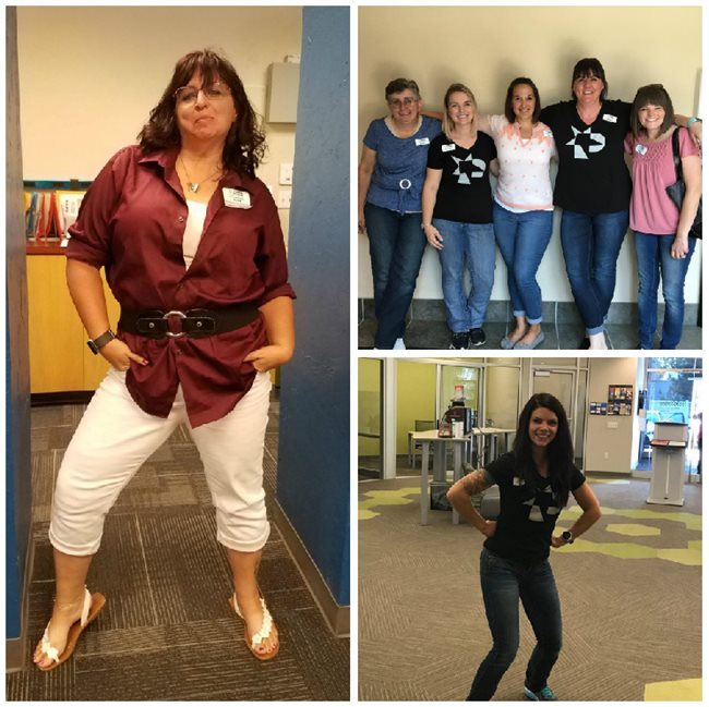 Pioneer employees posing in their jeans after donating five dollars to charity