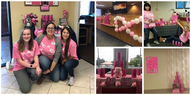 Pioneer employees wearing pink shirts and decorating their branches in support of breast cancer awareness