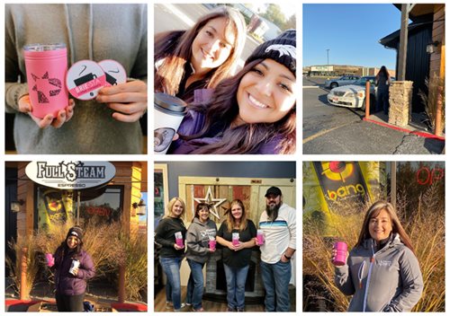 collage of Pioneer employees handing out coffee mugs