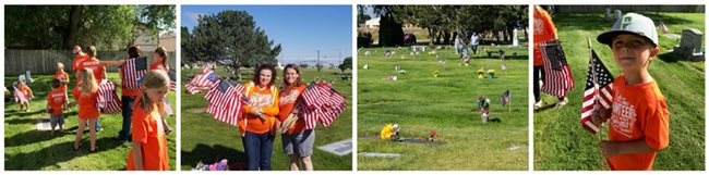 Pioneer volunteers and kids in orange shirts place flags on graves for Memorial Day