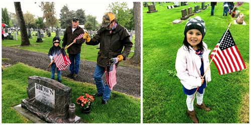 two photos of Pioneer volunteers placing flags at gravestones of veterans