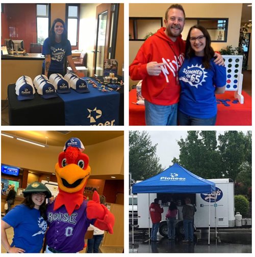 four pictures of the Meridian Branch Bash with employees and the Boise Hawks mascot