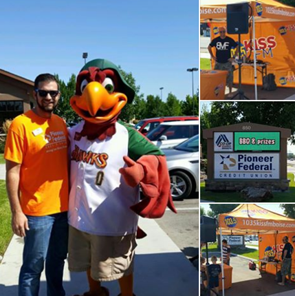 event at a Pioneer branch with guests like the Hawks mascot and Kiss FM