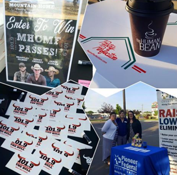 Collage with pictures of donut box and and coffee and Pioneer booth