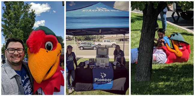 Pioneer team members running a booth with Boise Hawk's Humphrey for the Nampa Bash