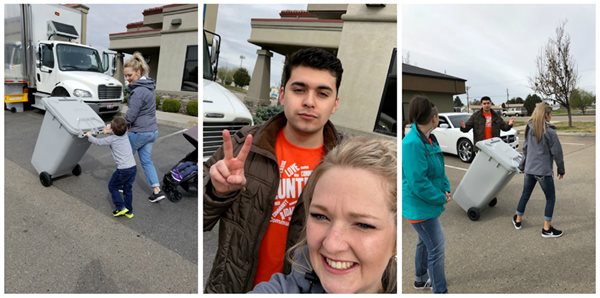 three photos of volunteers pushing a trash can filled with shredded paper