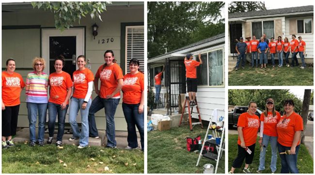 Pioneer volunteers in orange shirts painting a home