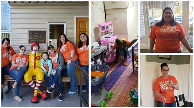Pioneer volunteers in orange shirts helping out at the Ronald McDonald House