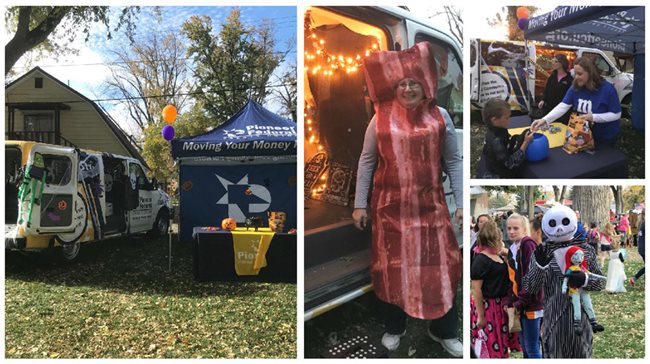 Pioneer employees wearing costumes at an outdoor event, including a piece of bacon, Jack Skellington, and a M&M