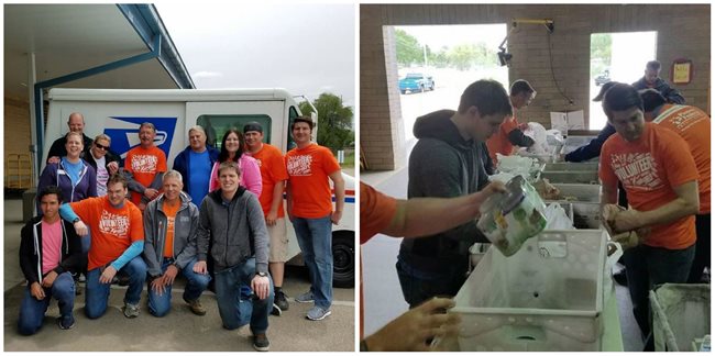 Pioneer volunteers in orange shirts working at Stamp out Hunger