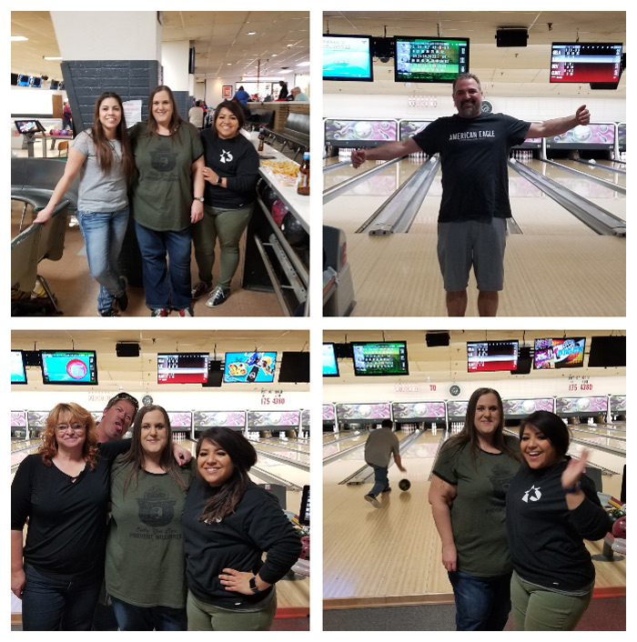 collage of team members bowling for charity