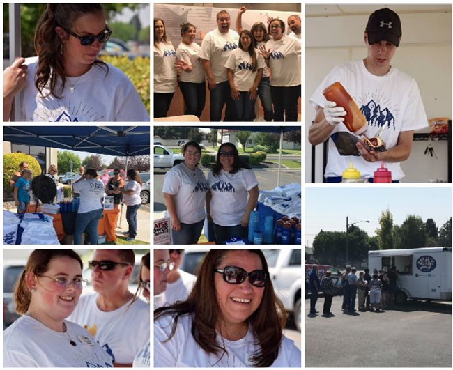 Collage of images of people in white charity shirts handing out food