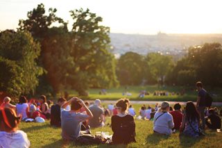 group of people sitting in a nice park in the summer