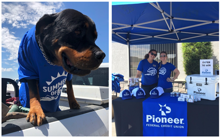 two pictures, one of a dog in a shirt, the other of Pioneer employees at a booth