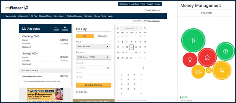 Webpage example of myPioneer online services with account info and a calendar