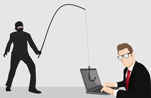 man in mask with a fishing hook over a man using a laptop