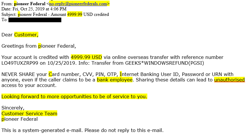 email with highlighted sections with examples of clues of fraud